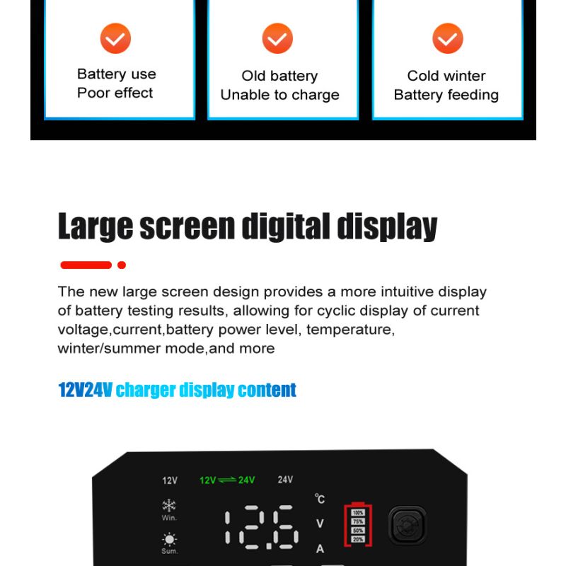 Cargador de batería FOXSUR 20A portátil para coche camión 12V 24V AGM LiFePO4 con carga en 7 etapas versátil