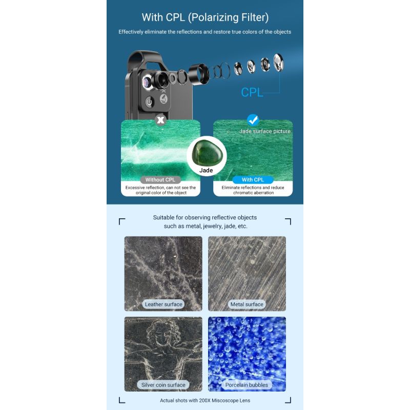 APEXEL Lente de Microscopio Aumento 200X para iPhone Samsung con Luz LED móvil CPL Fotografías Macro Imágenes HD