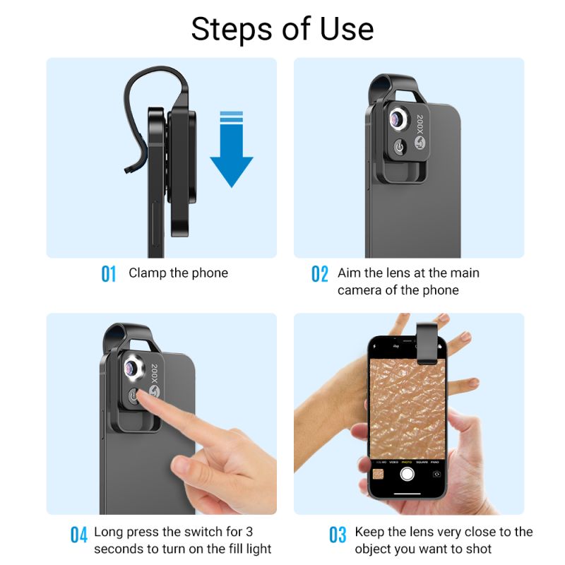 APEXEL Lente de Microscopio Aumento 200X para iPhone Samsung con Luz LED móvil CPL Fotografías Macro Imágenes HD