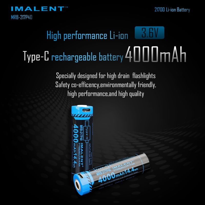 Batería IMALENT MRB-217P40 4000mAh con carga Tipo-C para linternas y gadgets electrónicos diseño avanzado
