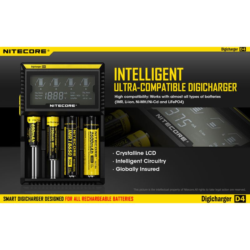 Cargador Nitecore D4 con pantalla LCD cargar baterías Li-Ion 18650 14500 26650 seguridad carga avanzada