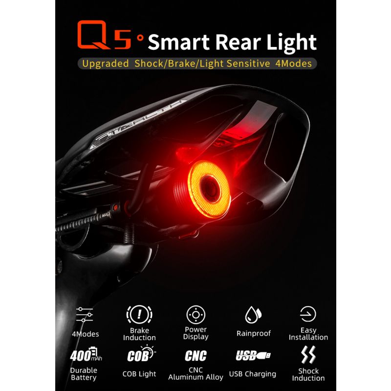 Luz Trasera LED ROCKBROS Q5 Impermeable IPx6 para Bicicletas Seguridad con Detección de Vibración y Frenado