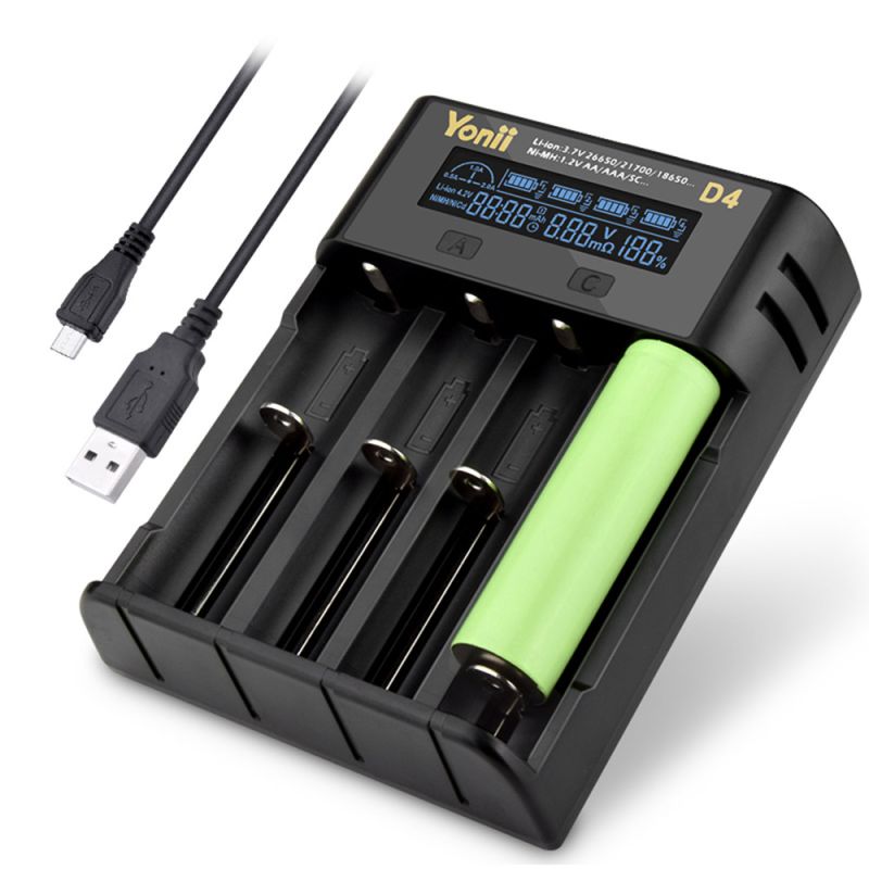 YONII D4 LCD 4 Slot 18650 Cargador de batería para 18650 21700 26650 Batería de litio AA AAA Ni-mh