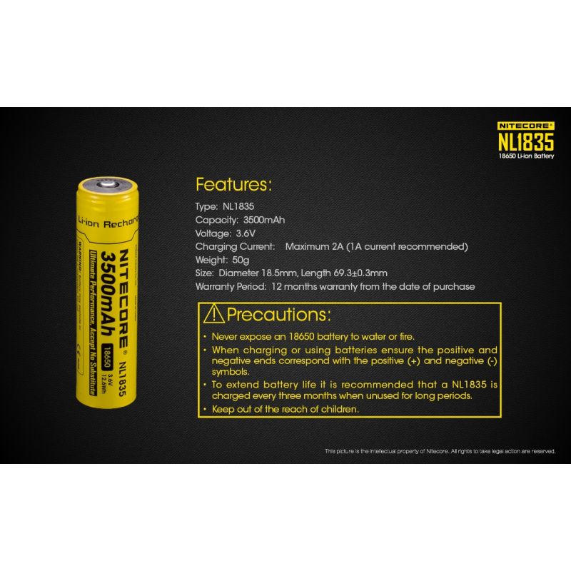 Batería Nitecore 18650 NL1835 3500mAh Recargable Li-ion para Dispositivos Electrónicos y Linternas 3.6V