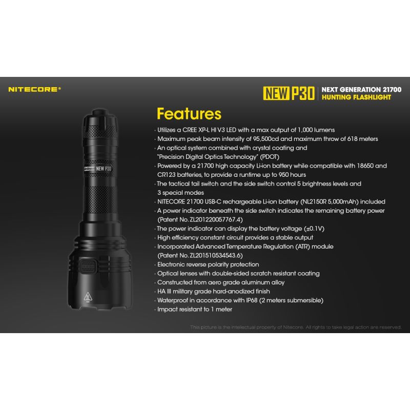 Linterna LED Nitecore P30 XP-L HI V3 1000 lúmenes haz 618 metros linterna de alto rendimiento búsqueda y rescate
