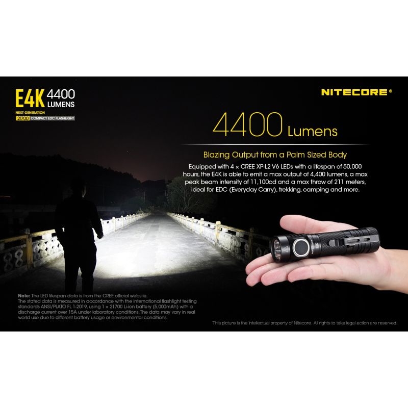 Linterna Nitecore E4K 4400 lúmenes con LED XP-L2 V6 batería 21700 diseño compacto e impermeable para EDC