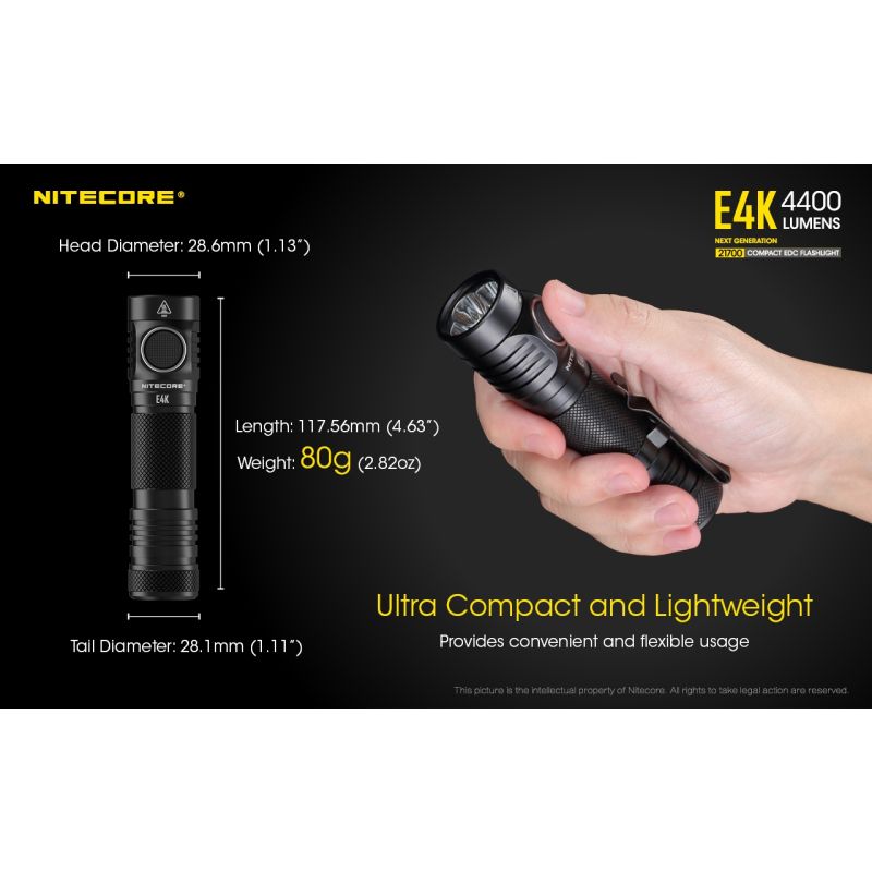 Linterna Nitecore E4K 4400 lúmenes con LED XP-L2 V6 batería 21700 diseño compacto e impermeable para EDC