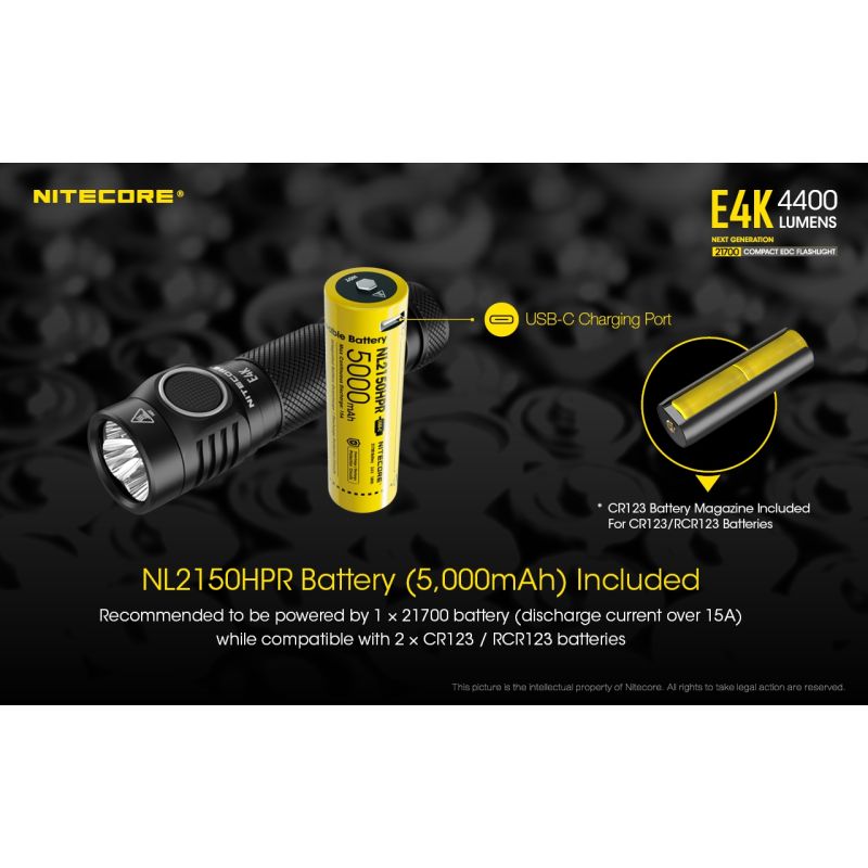 Linterna Nitecore E4K 4400 lúmenes con LED XP-L2 V6 batería 21700 diseño compacto e impermeable para EDC