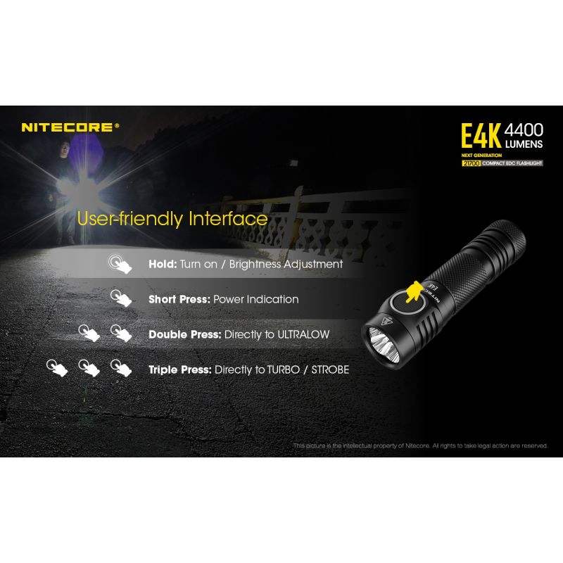Linterna Nitecore E4K 4400 lúmenes con LED XP-L2 V6 batería 21700 diseño compacto e impermeable para EDC
