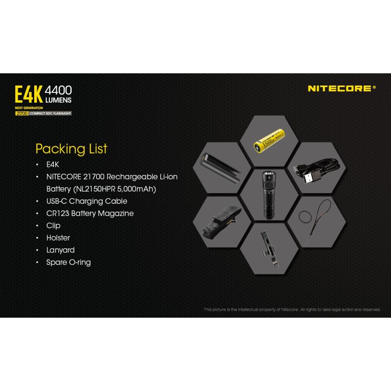 Linterna Nitecore E4K 4400 lúmenes con LED XP-L2 V6 batería 21700 diseño compacto e impermeable para EDC