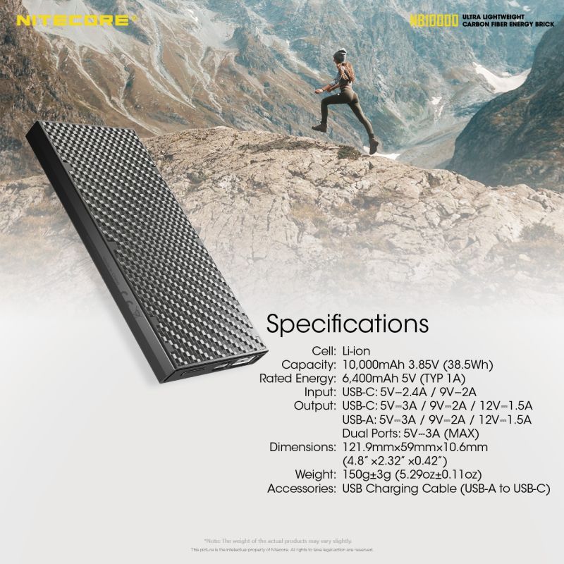 Banco de energía NITECORE NB10000 10000mAh dual USB/USB-C ligero carga rápida para iPhone 11 Samsung S10