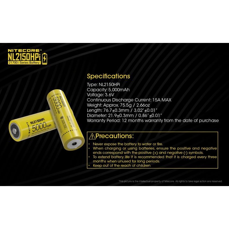 Batería NITECORE NL2150HPI 5000mAh 3.6V 21700 Alto Rendimiento para Dispositivos Electrónicos y Linternas