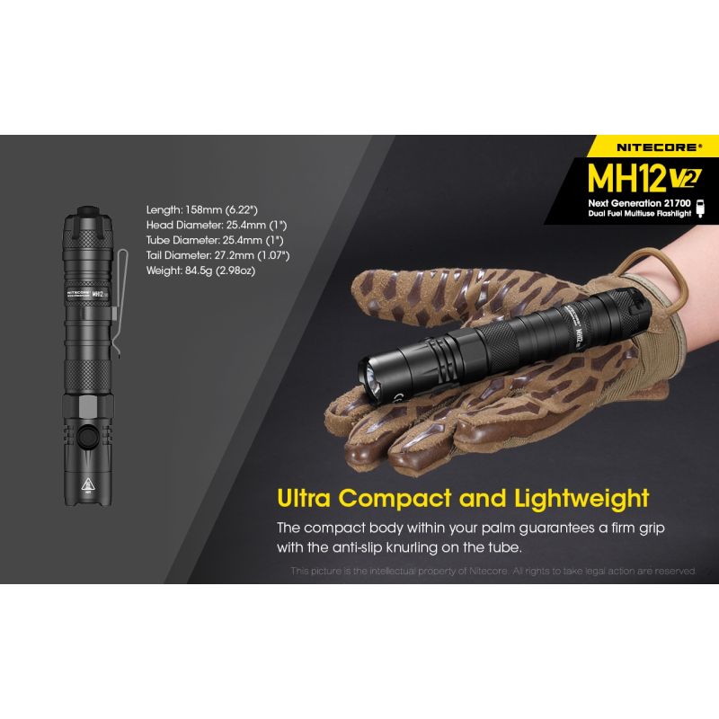 Linterna LED Nitecore MH12 V2 XP-L2 V6 1200 lúmenes iluminación portátil con batería 21700 para exteriores