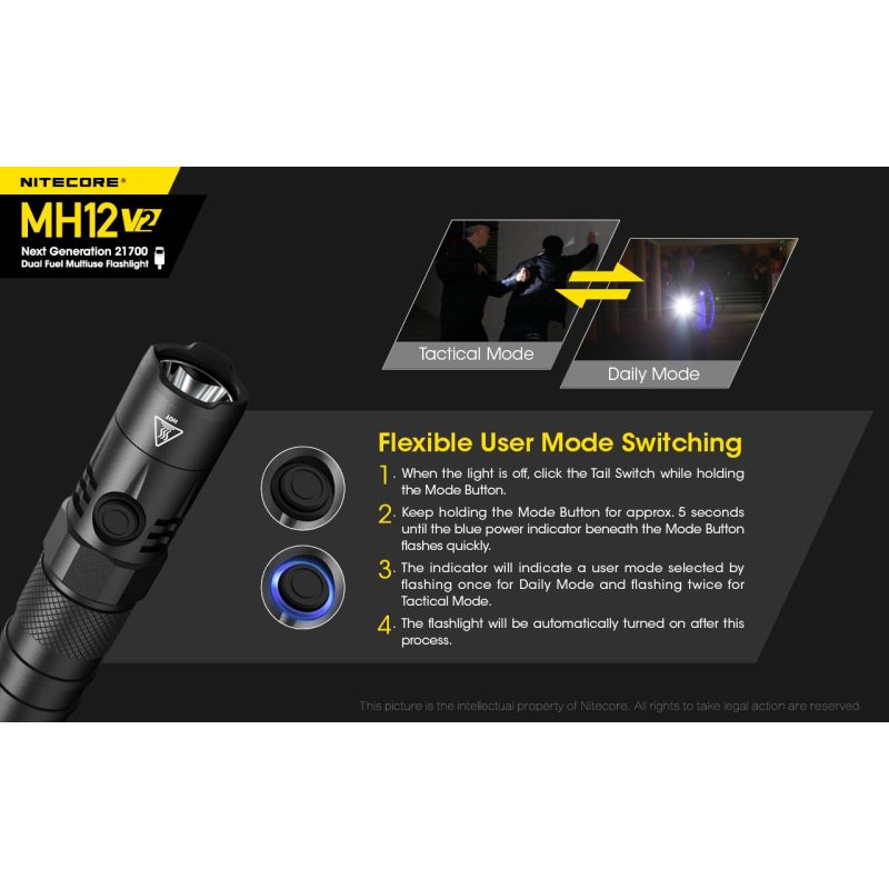 Linterna LED Nitecore MH12 V2 XP-L2 V6 1200 lúmenes iluminación portátil con batería 21700 para exteriores