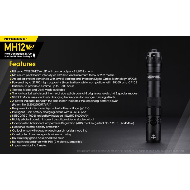 Linterna LED Nitecore MH12 V2 XP-L2 V6 1200 lúmenes iluminación portátil con batería 21700 para exteriores