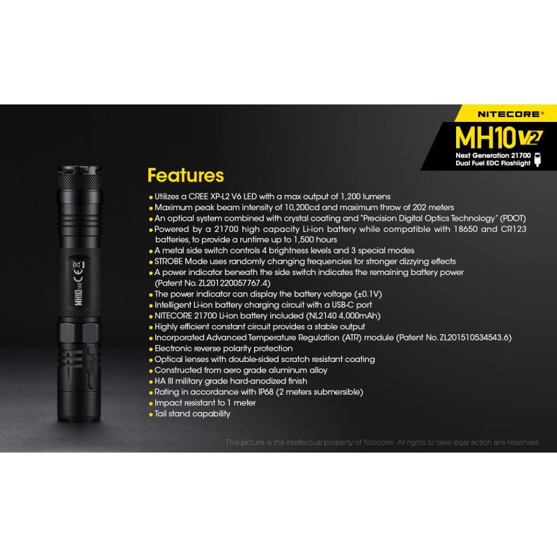 Linterna Nitecore MH10 V2 XP-L2 V6 1200 lúmenes LED carga USB-C diseño compacto materiales alta calidad