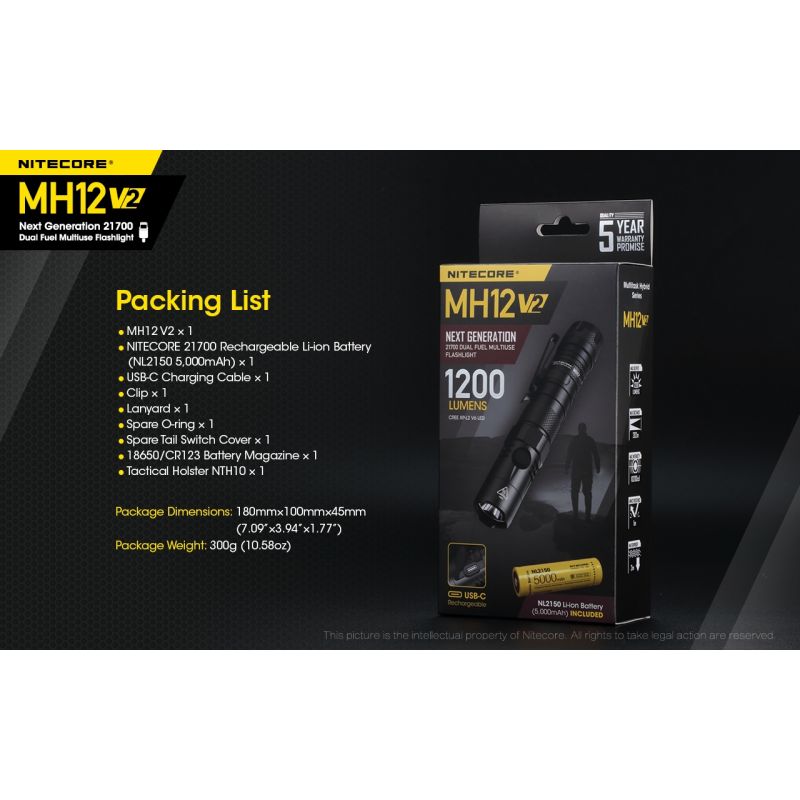 Linterna LED Nitecore MH12 V2 XP-L2 V6 1200 lúmenes iluminación portátil con batería 21700 para exteriores