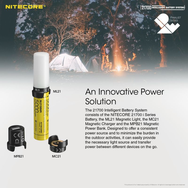 Sistema de Batería NITECORE 21700 con Luz Magnética ML21 y Banco de Potencia MPB21 para Iluminación Exterior