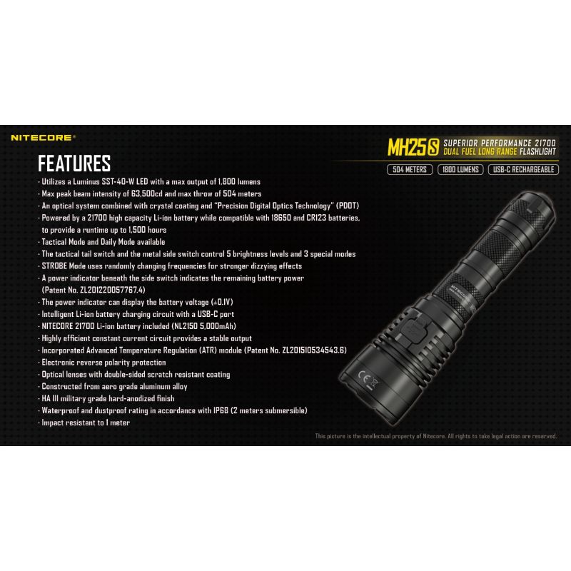 Linterna Nitecore MH25S con Luminus SST-40 recargable USB-C 1800 lúmenes alto brillo para actividades al aire libre