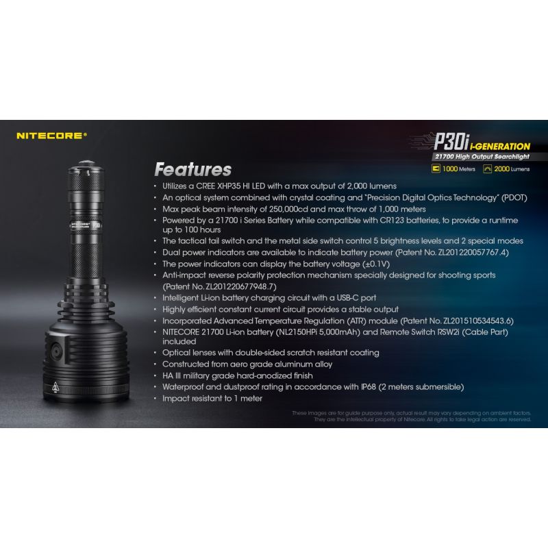 Linterna Nitecore P30i LED de 2000 lúmenes alcance de 1000 metros para iluminación exterior y aventuras nocturnas