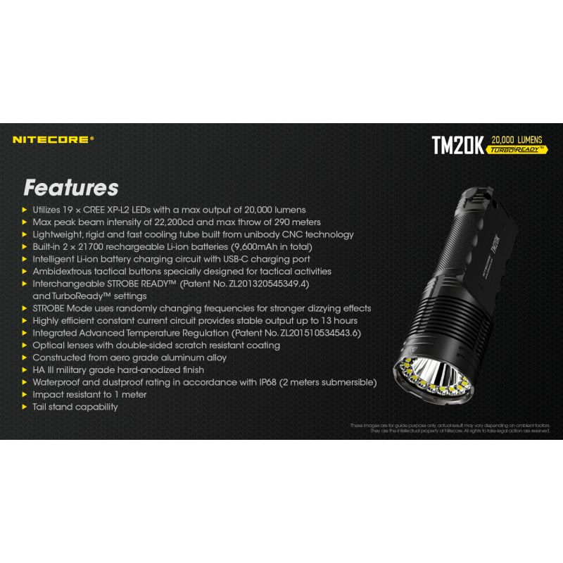 Linterna LED Nitecore TM20K Recargable USB-C 20000 Lúmenes Potente Linterna Ligera y Duradera para Exteriores