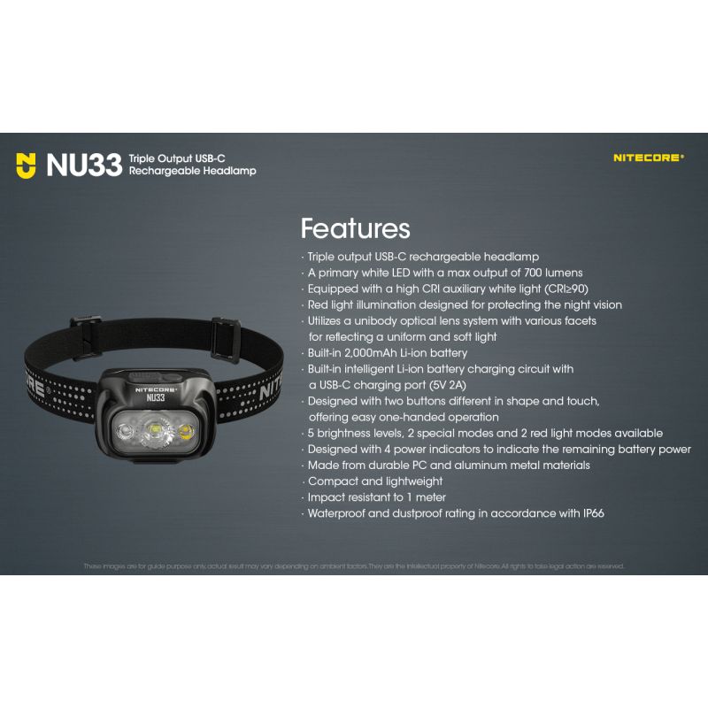 Linterna frontal Nitecore NU33 USB-C recargable 700LM LED alto CRI impermeable ligera y duradera para exteriores