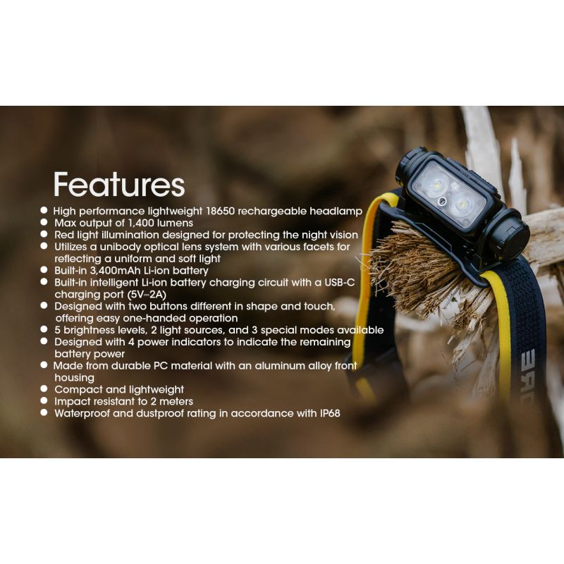 Linterna Frontal Recargable NITECORE NU43 para Camping Luz Blanca y Roja 1400 Lúmenes y Batería 3400mAh