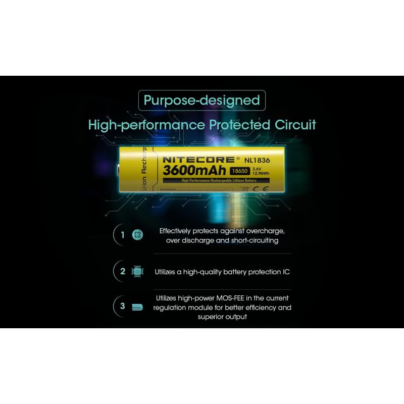 Nitecore 18650 NL1836 3600mAh Batería Recargable Li-ion | Alta Capacidad, 3.6V para Linternas