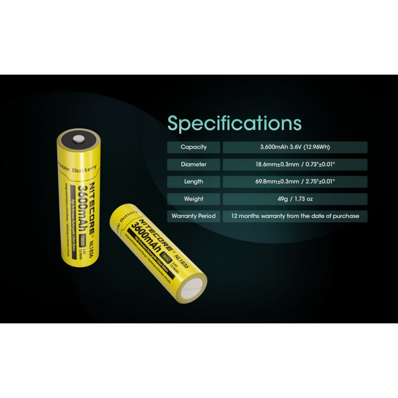 Nitecore 18650 NL1836 3600mAh Batería Recargable Li-ion | Alta Capacidad, 3.6V para Linternas