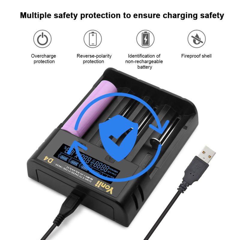 YONII D4 Cargador de Batería Universal LCD 4 Ranuras | 18650 21700 26650 AA AAA Ni-MH | Carga Inteligente Multipuerto USB | Hogar y Oficina