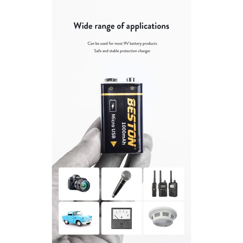 Batería Beston 9V recargable 1000mAh micro USB de iones de litio para RC opción de energía sostenible alta capacidad