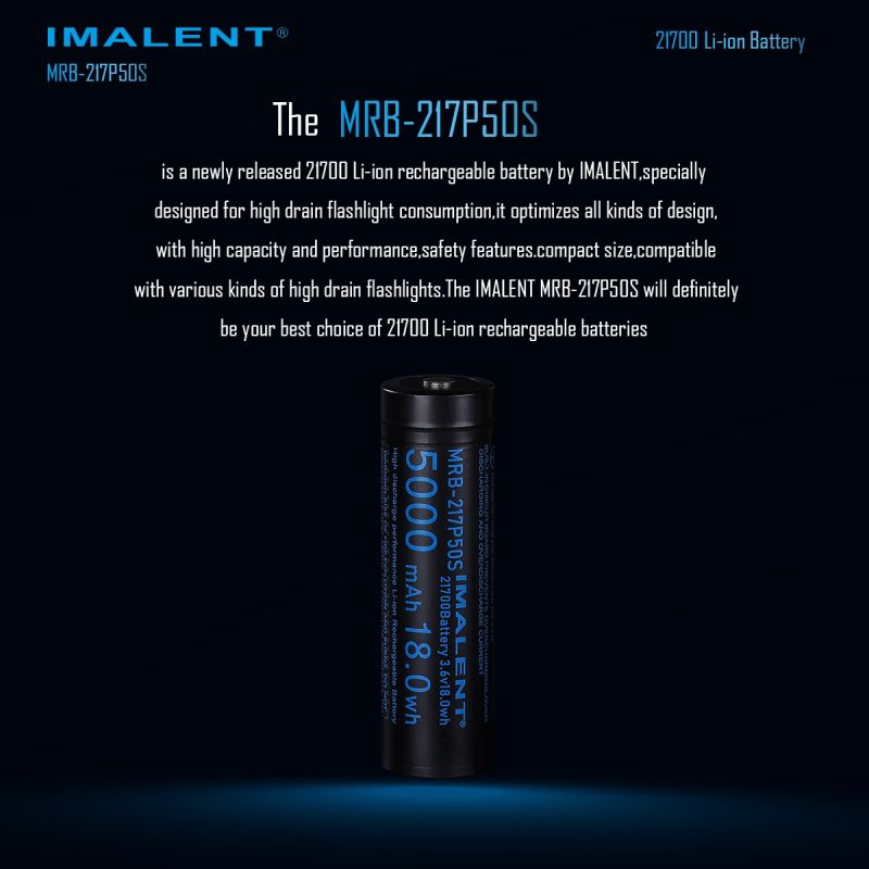 Batería Recargable IMALENT MRB-217P50S 21700 Li-ion 5000mAh 3.6V. Energía Fiable para Linternas LED.