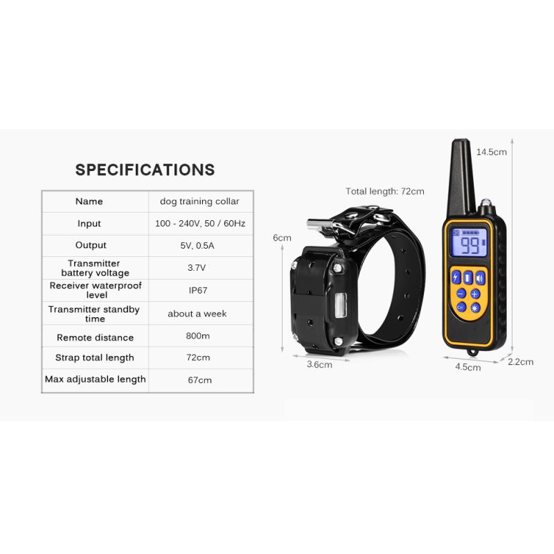 Collar de Entrenamiento para Perros 800m Impermeable Recargable con Control Remoto y Pantalla LCD Ajustable