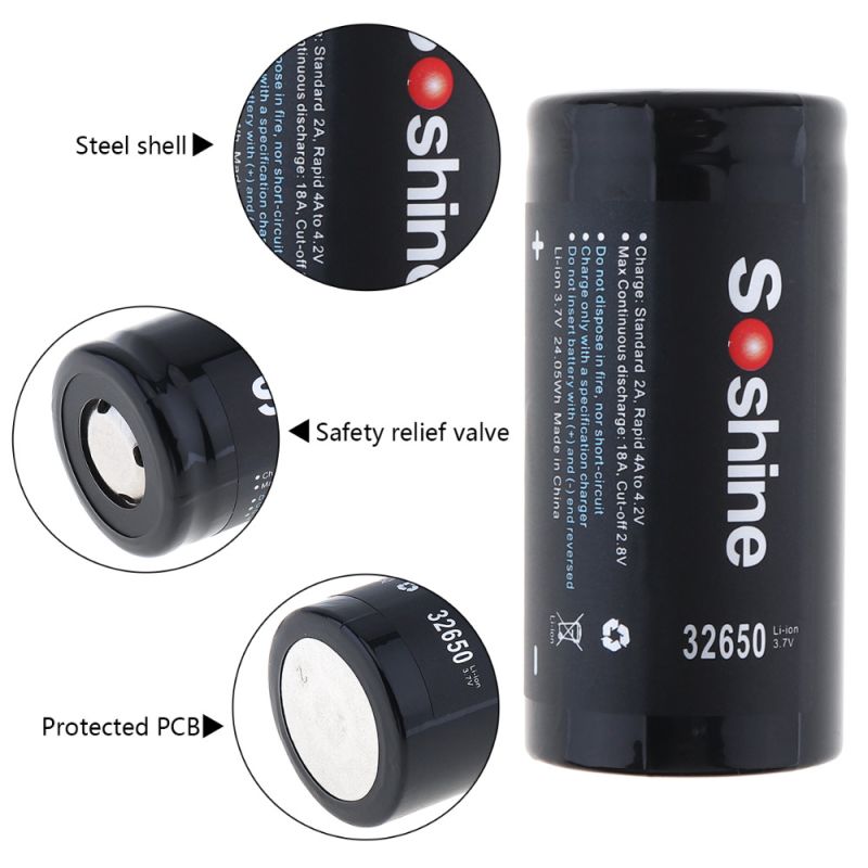 Batería Recargable Soshine 32650 6500mAh 3.7V Alta Densidad de Energía y Larga Vida Útil para Dispositivos