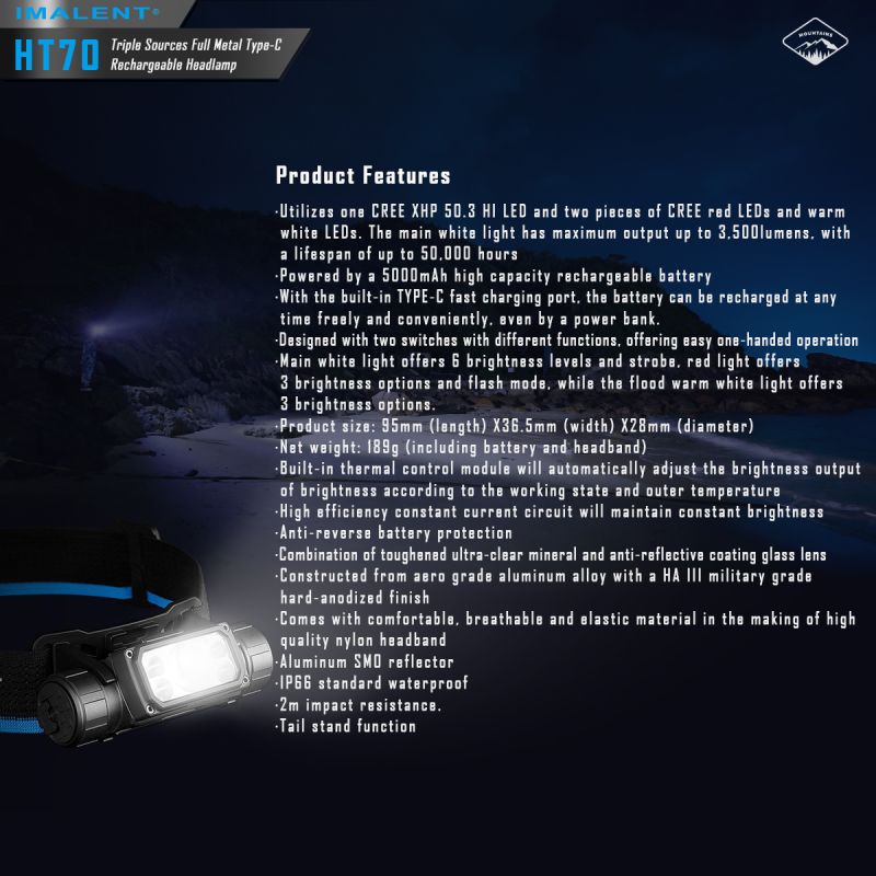 Linterna frontal IMALENT HT70 3500 lúmenes triple fuente de luz LED XHP50.3 ALTO recargable ideal para aventura