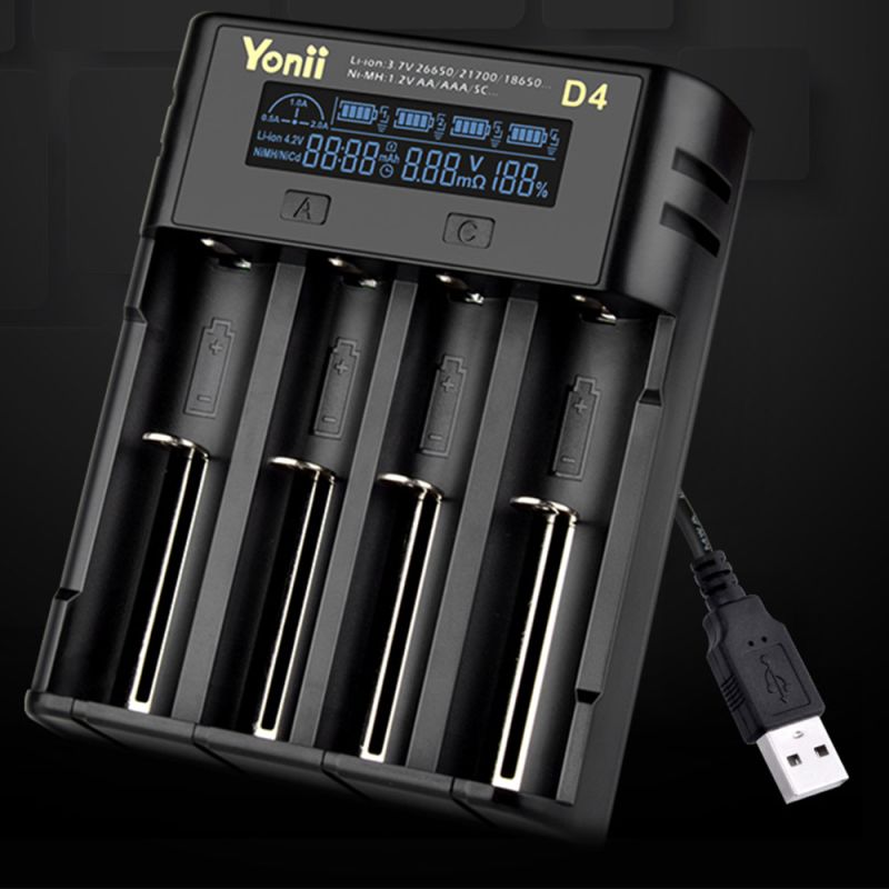 YONII D4 Cargador de Batería Universal LCD 4 Ranuras | 18650 21700 26650 AA AAA Ni-MH | Carga Inteligente Multipuerto USB | Hogar y Oficina