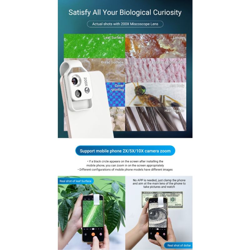 APEXEL Lente de Microscopio Aumento 200X para iPhone Samsung con Luz LED móvil CPL Fotografías Macro Imágenes HD