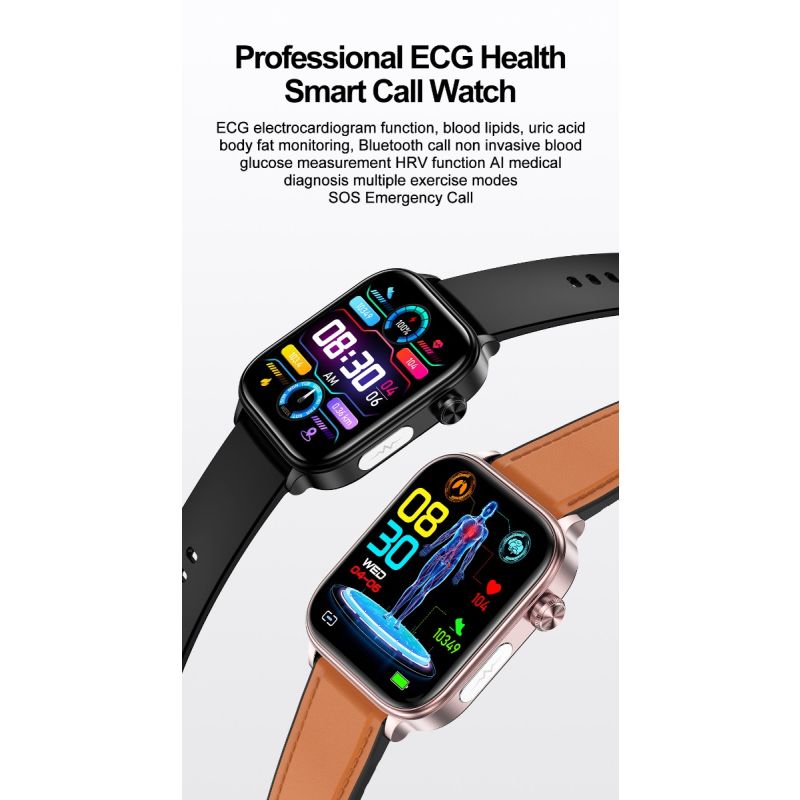 ET570 Smartwatch Salud Digital: Glucosa Sangre No Invasiva, ECG, Frecuencia Cardíaca, Monitor Presión Arterial 1.96