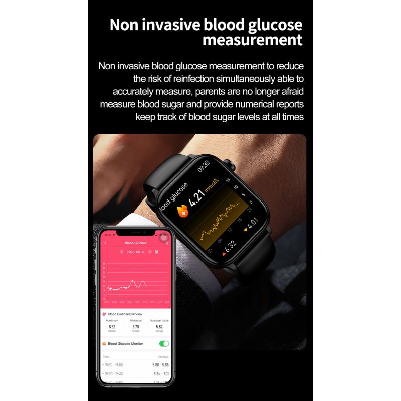 ET570 Smartwatch Salud Digital: Glucosa Sangre No Invasiva, ECG, Frecuencia Cardíaca, Monitor Presión Arterial 1.96