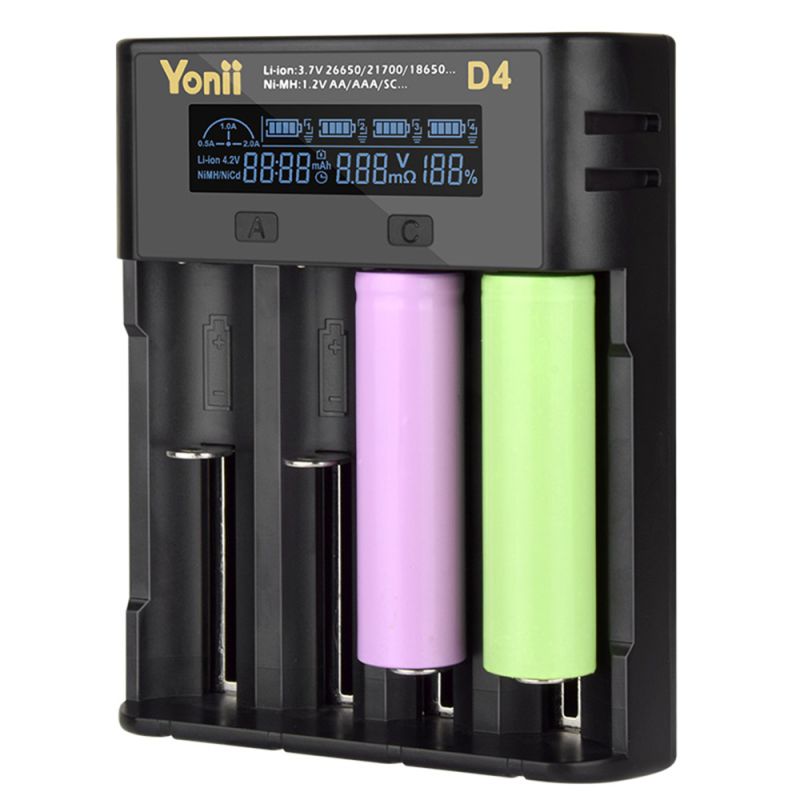 YONII D4 Cargador de Batería Universal LCD 4 Ranuras | 18650 21700 26650 AA AAA Ni-MH | Carga Inteligente Multipuerto USB | Hogar y Oficina
