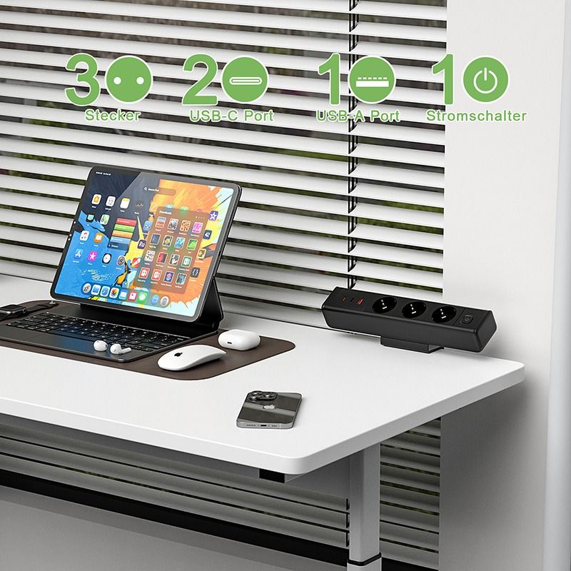 Regleta de escritorio abrazadera con estación de carga rápida USB-C 65W/USB-A, toma corriente, enchufe Europeo y protección contra sobretensión.