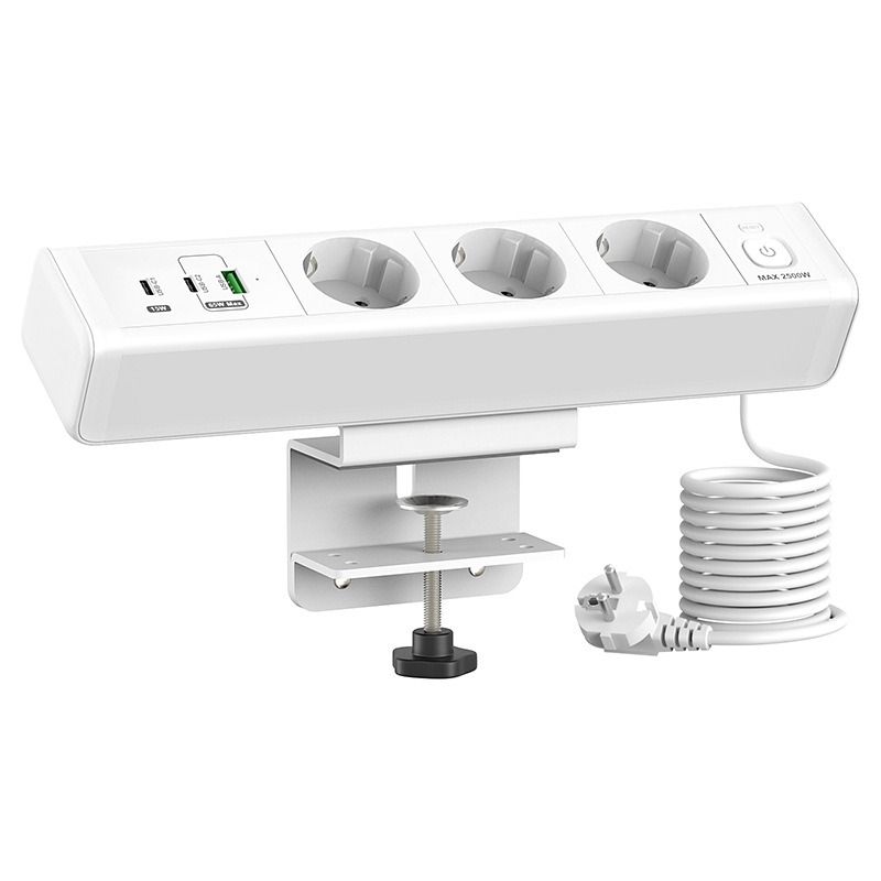 Regleta de escritorio abrazadera con estación de carga rápida USB-C 65W/USB-A, toma corriente, enchufe Europeo y protección contra sobretensión.