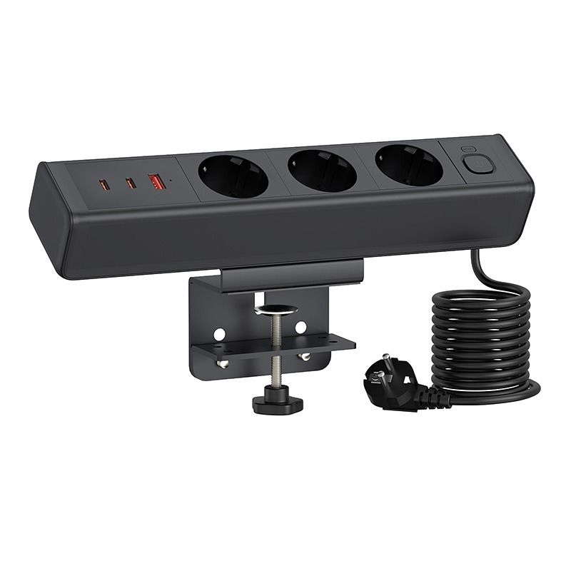 Regleta de escritorio abrazadera con estación de carga rápida USB-C 65W/USB-A, toma corriente, enchufe Europeo y protección contra sobretensión.