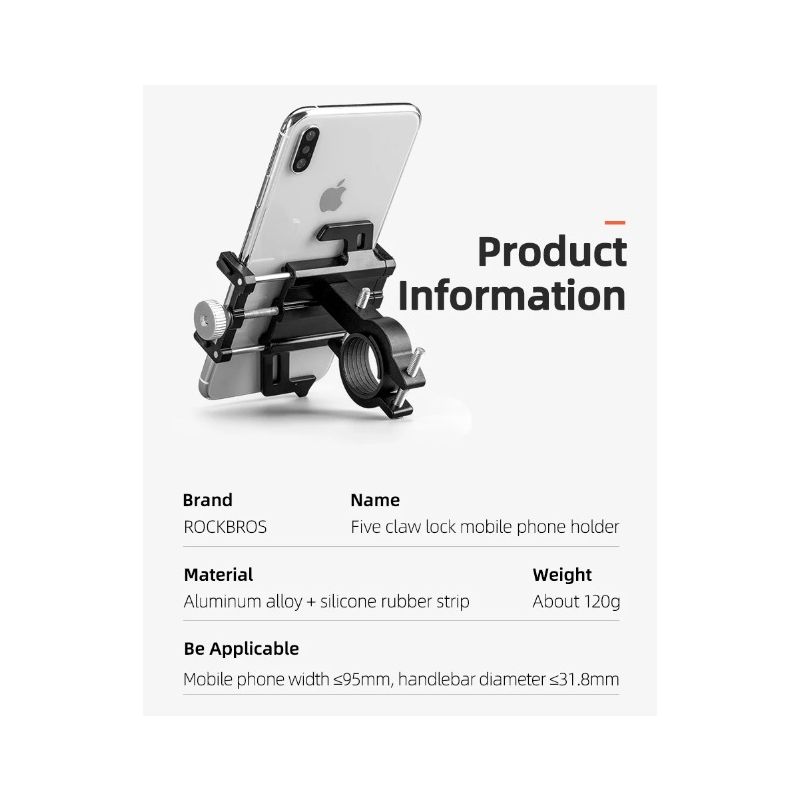 Soporte para smartphone ROCKBROS versátil y ajustable para motocicleta con aleación de aluminio CNC cinco garras