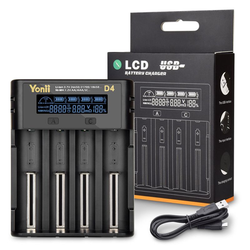 YONII D4 Cargador de Batería Universal LCD 4 Ranuras | 18650 21700 26650 AA AAA Ni-MH | Carga Inteligente Multipuerto USB | Hogar y Oficina