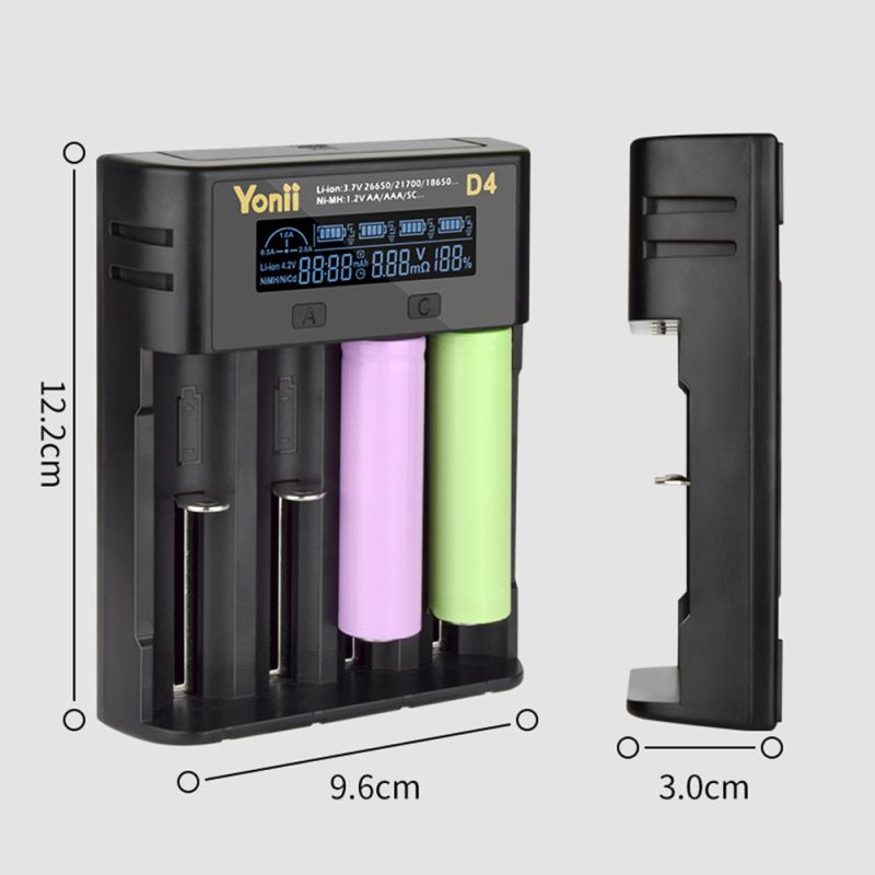 YONII D4 Cargador de Batería Universal LCD 4 Ranuras | 18650 21700 26650 AA AAA Ni-MH | Carga Inteligente Multipuerto USB | Hogar y Oficina