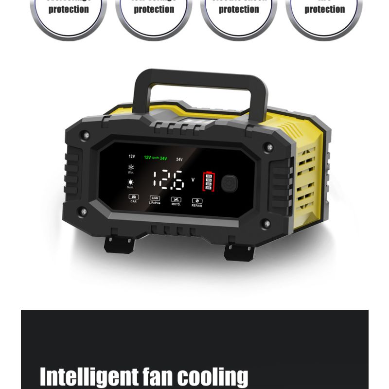 Cargador FOXSUR portátil para baterías 12V 24V con carga automática de 7 etapas para AGM y LiFePO4 fácil de usar