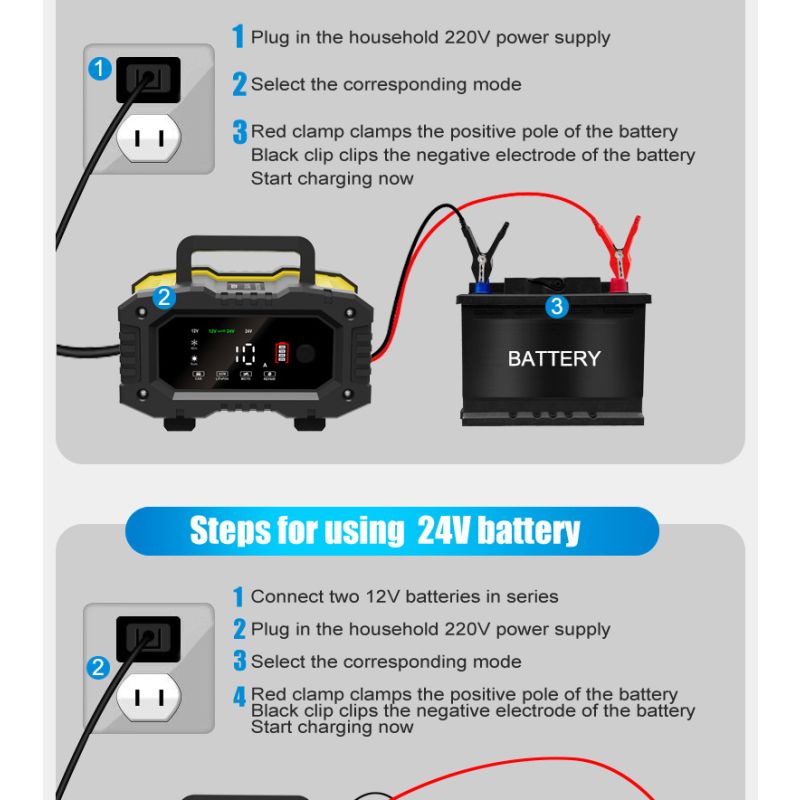 Cargador FOXSUR portátil para baterías 12V 24V con carga automática de 7 etapas para AGM y LiFePO4 fácil de usar