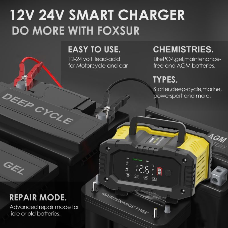 Cargador FOXSUR portátil para baterías 12V 24V con carga automática de 7 etapas para AGM y LiFePO4 fácil de usar
