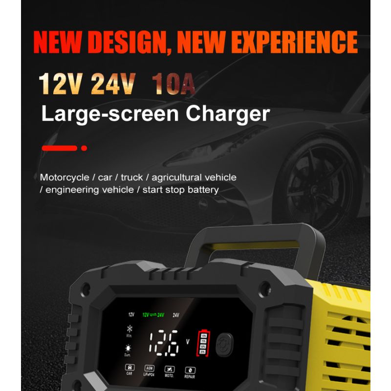 Cargador FOXSUR portátil para baterías 12V 24V con carga automática de 7 etapas para AGM y LiFePO4 fácil de usar